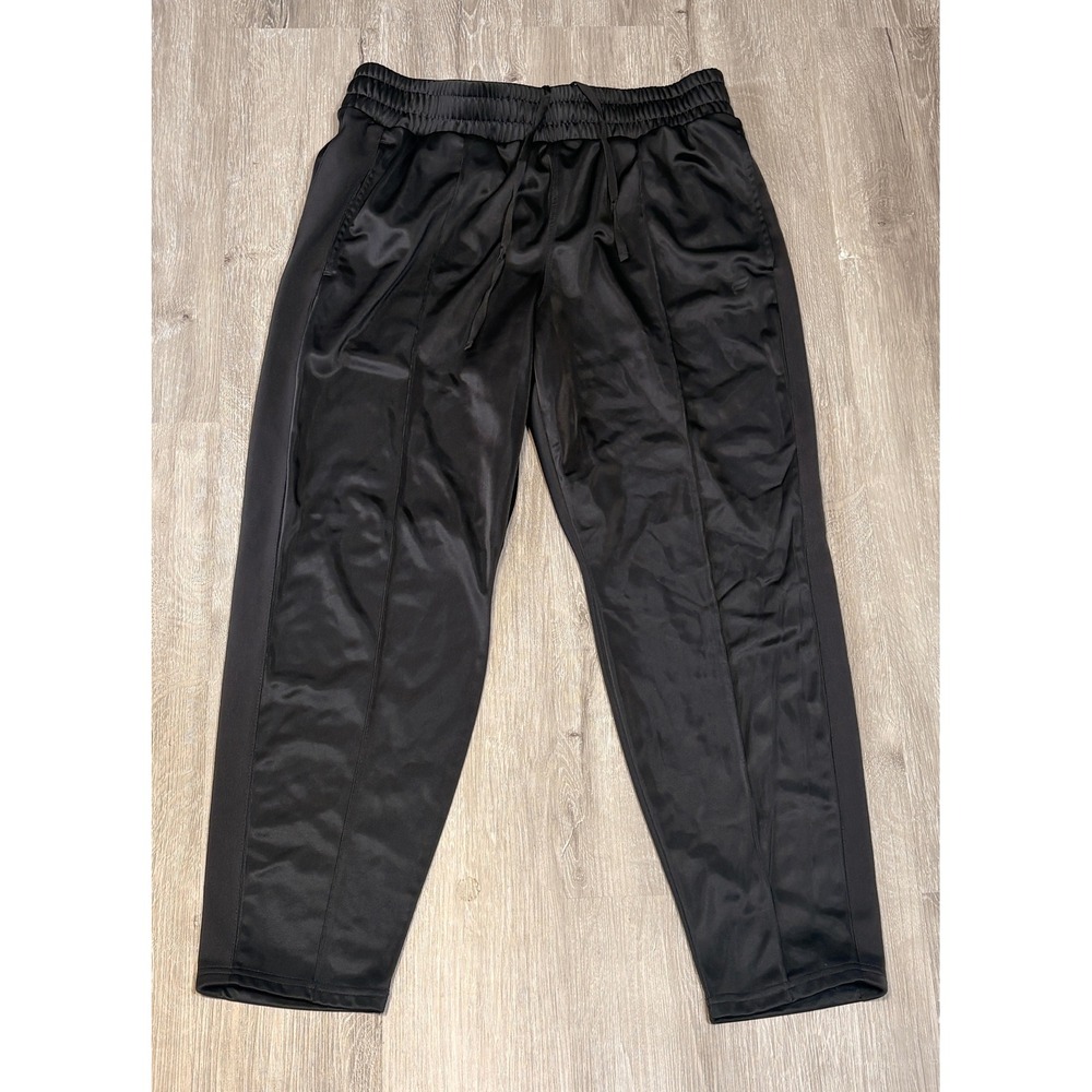 Fabletics Mens Black Satin Track Pants Tapered Joggers Large Drawstring Waist